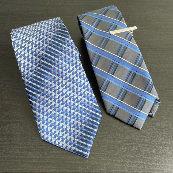 Set of 2 Neckties + Tie Clip | Blue + Gray/Silver | Apt 9 + Bespoke - Picture 1 of 9